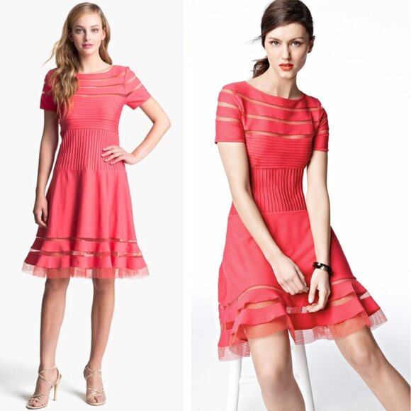 NEW Tadashi Shoji Pintuck Jersey Cutout Mesh Stripe Jet Apple Red Dress Preppy - Picture 1 of 10